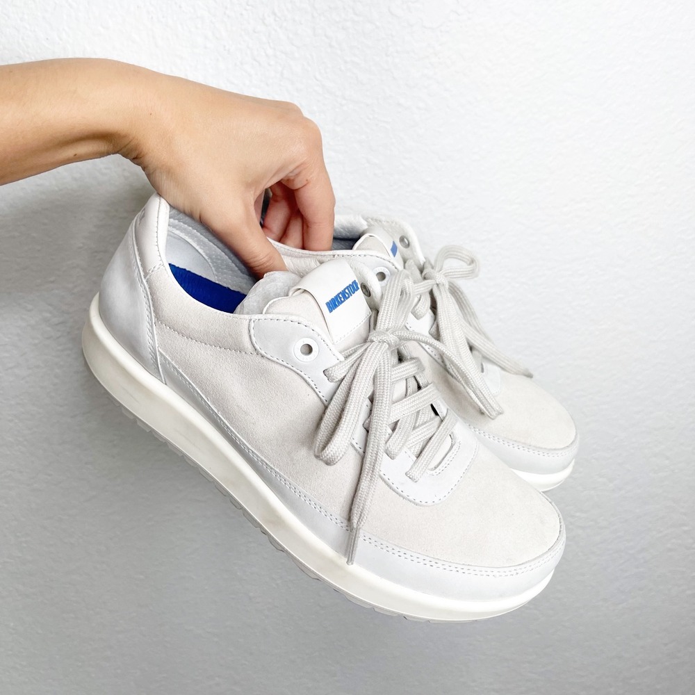 Birkenstock Bend Low White Grey Leather Suede Sneakers Women 38 US 7-7.5 Narrow